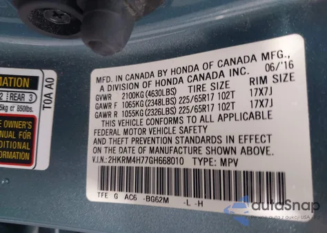 2016 Honda Cr-V Ex-L z USA, uszkodzony, nr VIN 2HKRM4H77GH668010